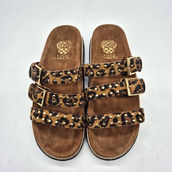 Vince Camuto Shoes - Vince Camuto Ciandra Size 9.5 M Slip On Slide 3 Straps Buckle Brown Flat 934